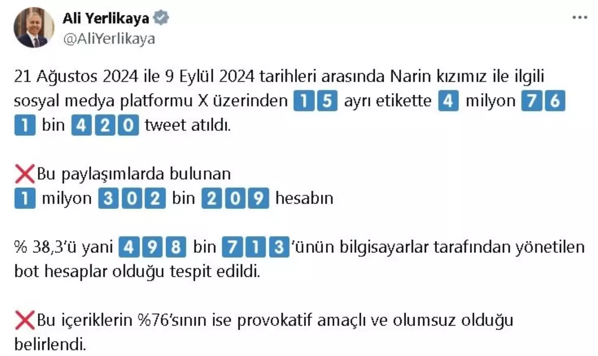 İçişleri Bakanı: Narin Güran’ın sosyal medya paylaşımlarının yüzde 38’i bot hesaplar tarafından yapıldı